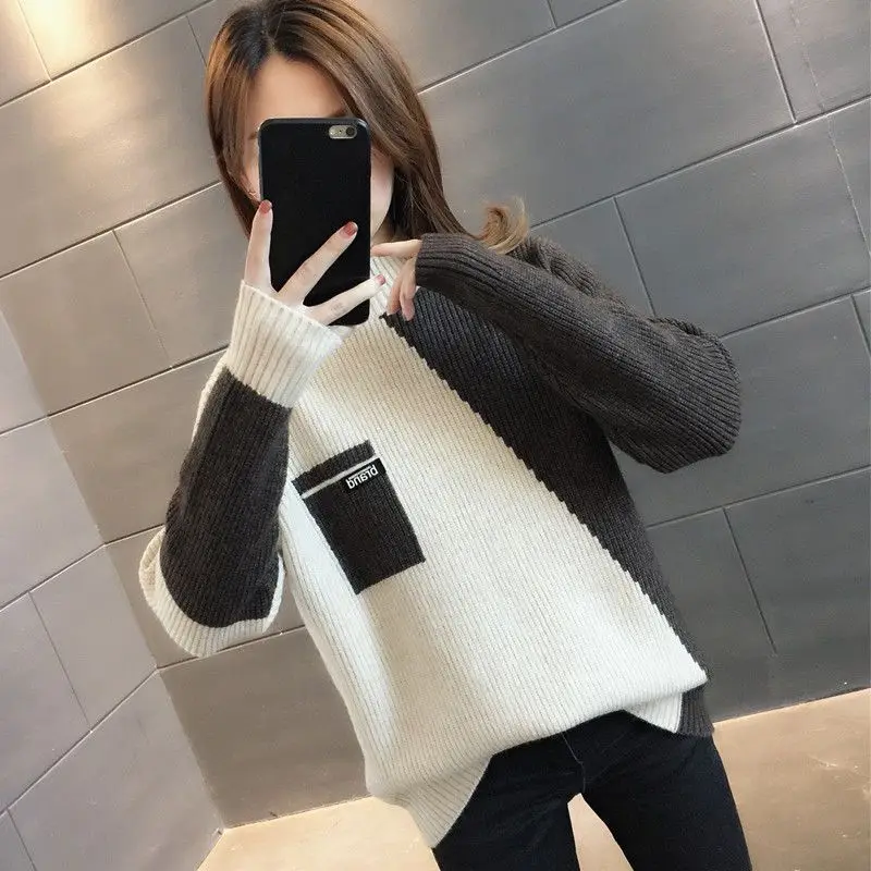 Frauen Mock Neck Pullover Farbe Blocking Pullover 2022 Neue Herbst Winter Stricken Persönlichkeit Alle-spiel Casual Dame Top 2022