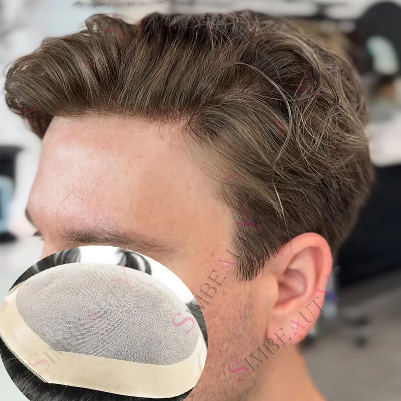 

Durable Men's Brown Perimeter #4 #2 Human Hair Toupee Natural Hairline Replacement System for Men Breathable Fine Mono Lace Wigs