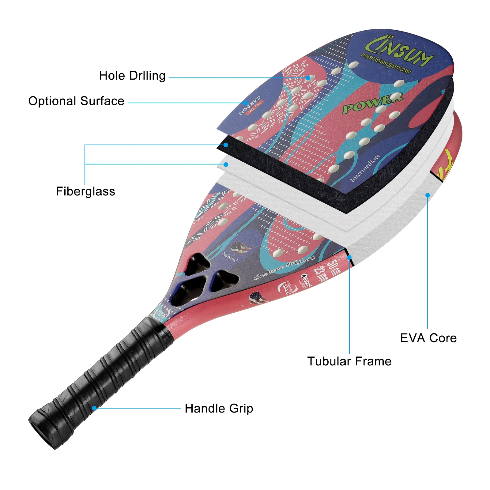 INSUM Beach Tennis Racket Surface Frosted Treatment With Precision Holes EVA Memory Flex Foam Core Raquete & Portable Carry Bag