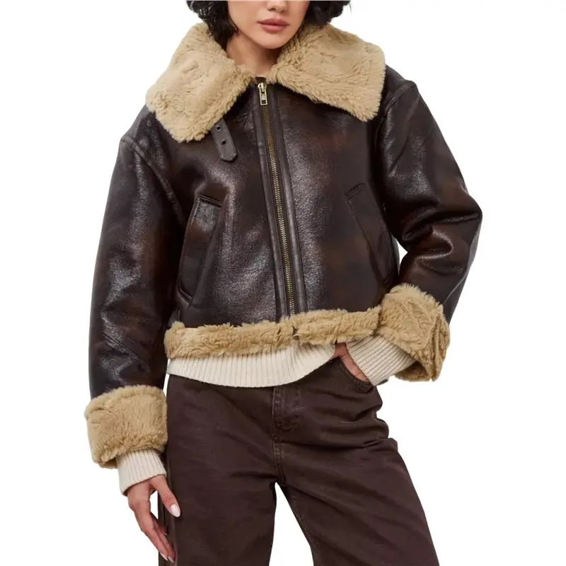 

CYL-Women Faux Leather Jacket With Faux Fur Lining Warm Winter Biker Coat