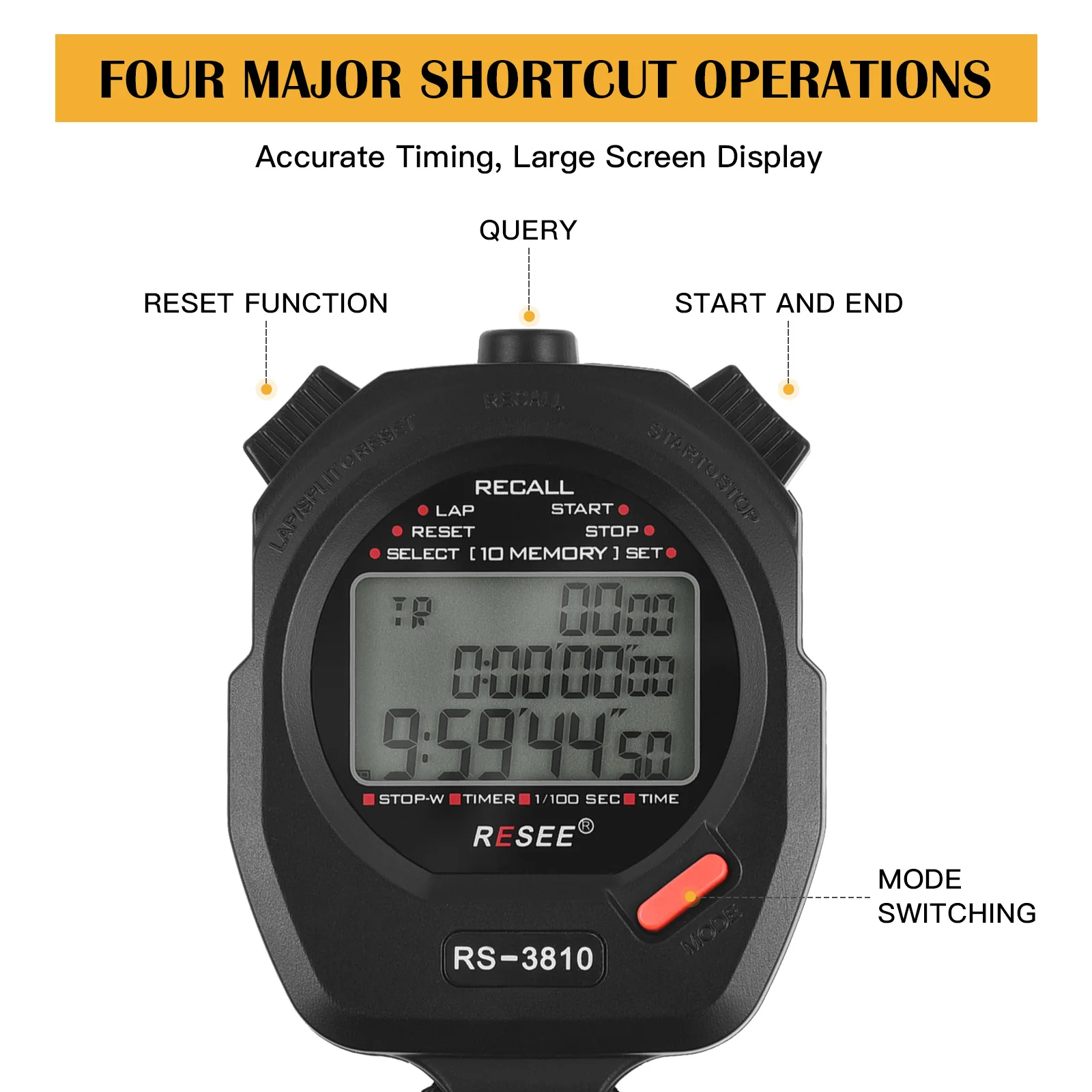 Sports Stopwatch Timer 100 Memory Digital Stopwatch 3 Rows Display Large Screen Stopwatch Sports Alarm Clock Running Timer