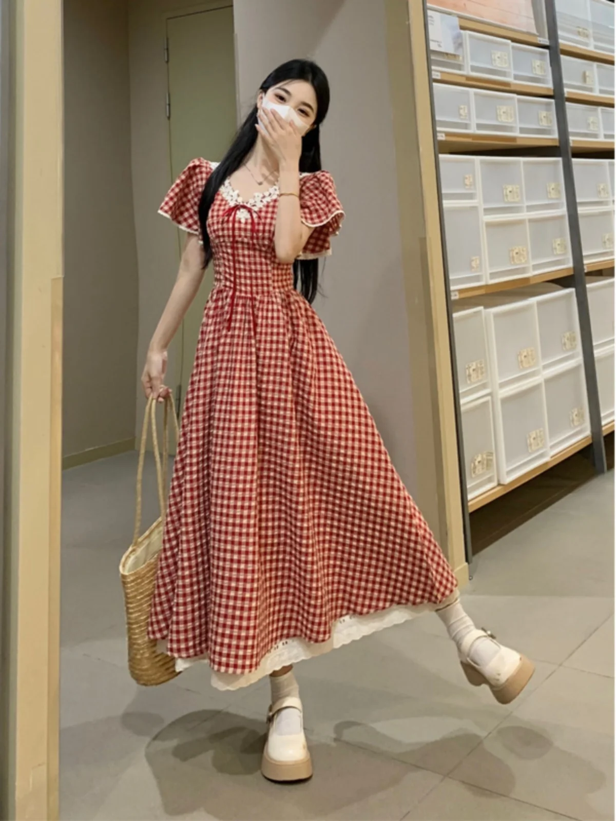 Jupe longue trapèze cintrée à carreaux rouges pour femmes, garniture en dentelle douce, nouvelle collection d'été, collège Dr v-ne ort Sve