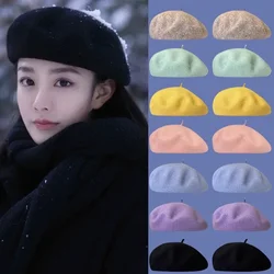 Women Colorful Wool Berets French Artist Style Warm Winter Beanie Hat Retro Beret Solid Color Elegant Lady Autumn Spring Caps