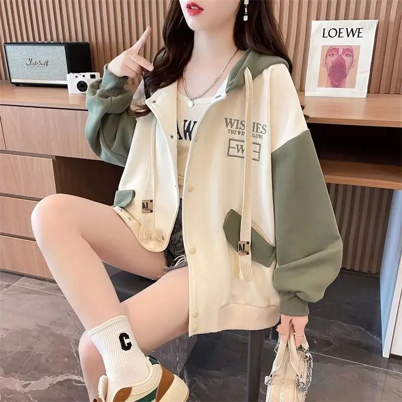 Women's Casual New Loose Cardigan Sweatshirt with Added Velvet and Thickened Hooded Jacket Oversized Loose Contrasting Baseball