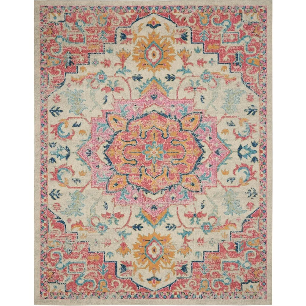 Bohemian Style Ivory and Pink Area Rug, 8' x 10', Easy Maintenance, Non-Shedding, Suitable for Bedroom, Living Room, Dining Room