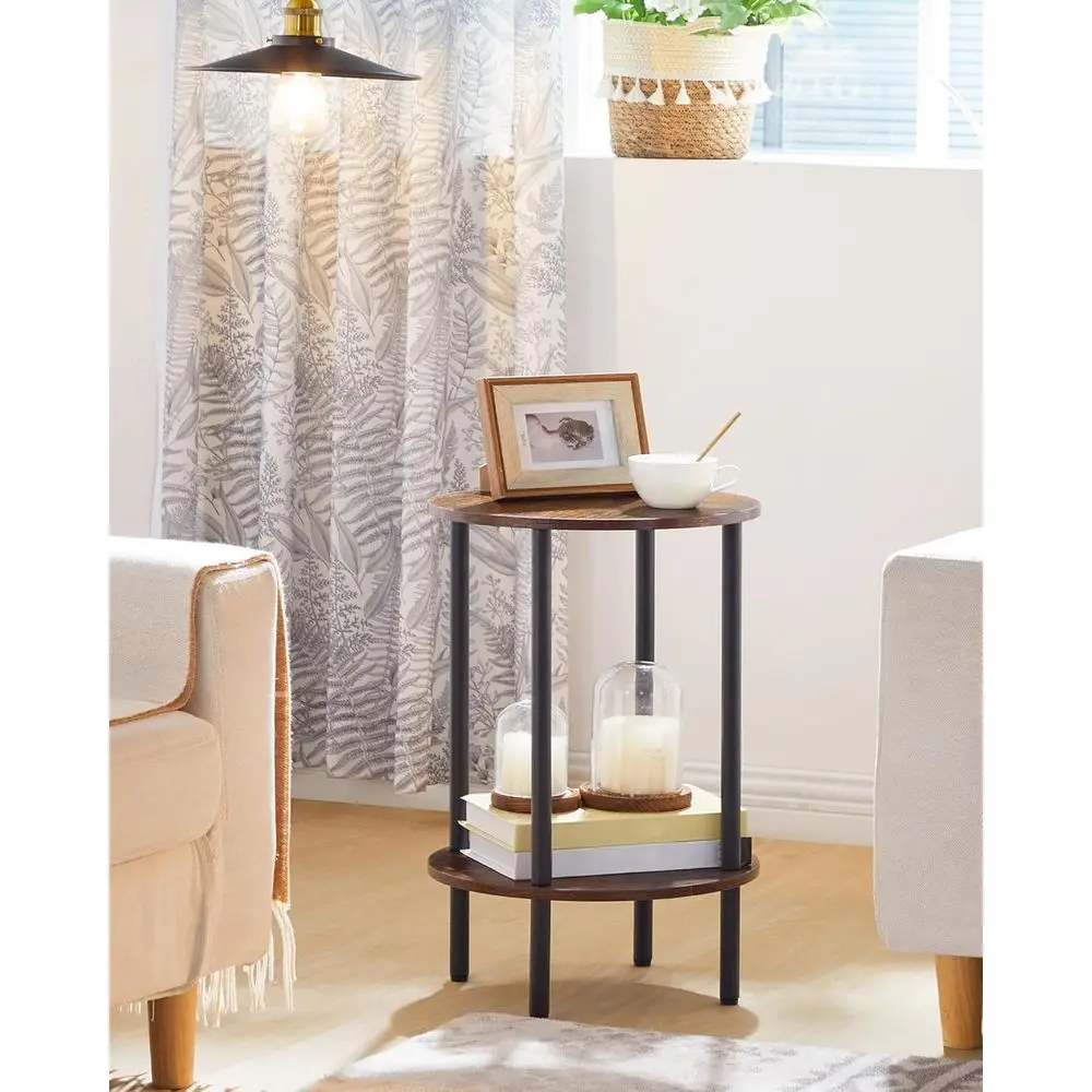 ラウンド2段エンドテーブル、小さなナイトスタンド、丈夫な金属フレーム、インダストリアルスタイルのコーヒーテーブル、リビングルームやベッドルームに最適