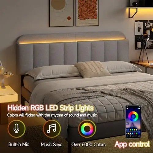Adjustable Headboard for King/California King Size Bed Frame, Linen Fabric Bed Headboard with Storage & RGB LED Light - view 3
