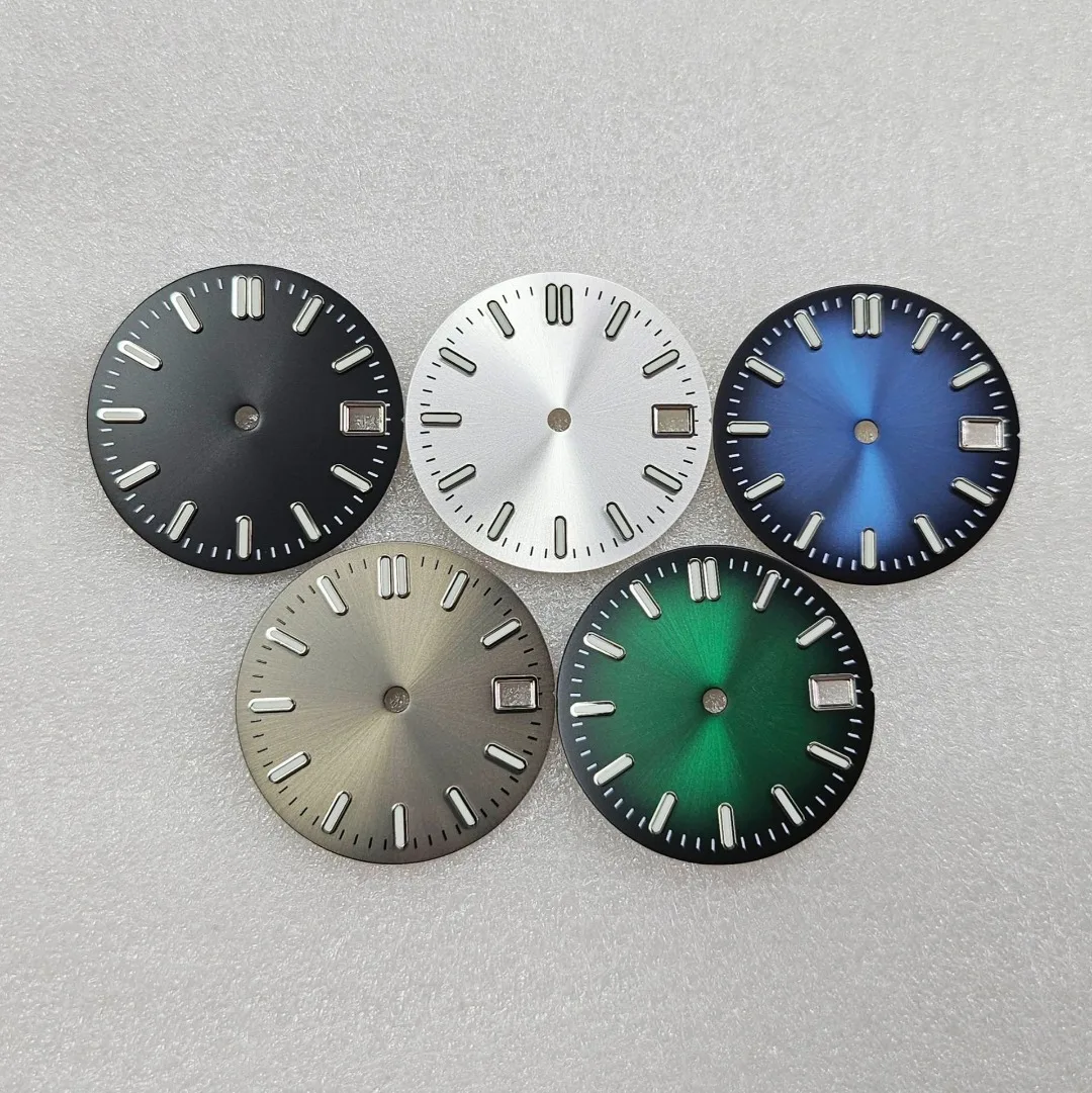 Esfera de reloj de 28,5mm con textura Sunburst, caras de reloj con calendario de fecha única, accesorios de reloj luminosos verdes para movimientos NH35/NH36