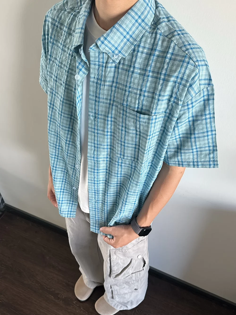 

Casual American Summer Plaid ort Sve Commute irt Versatile Loose Retro ort Length Trendy Men's irt Korean Sle