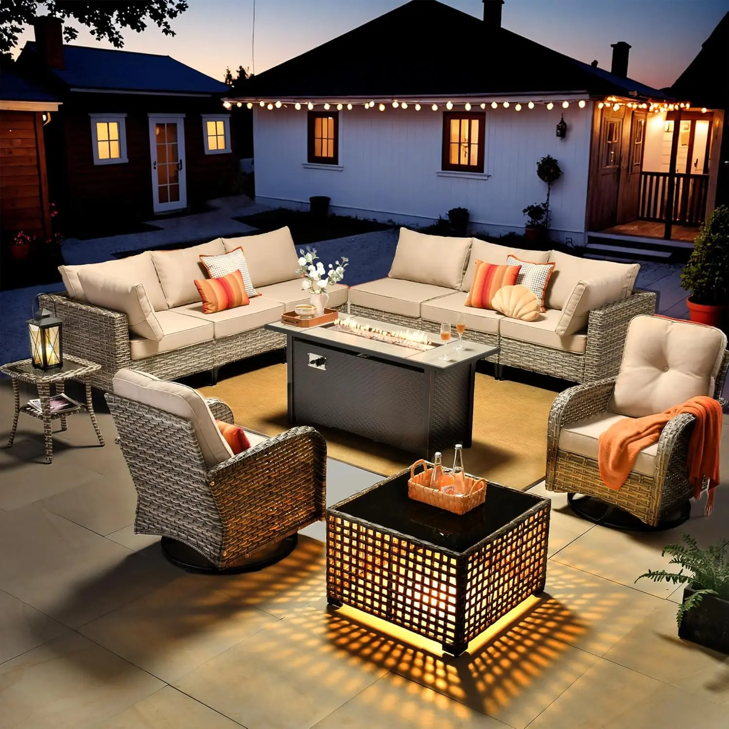 

Комплект уличной мебели для патио с каминным столом, 11 предметов, плетеная секционная мебель для улицы в форме буквы L, на заказ