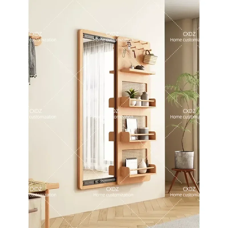 Modern Simple Solid Wood Full Body Mirror Wall Mounted Fitting Mirror with Hidden Push Pull Storage for Bedroom Home Decor
