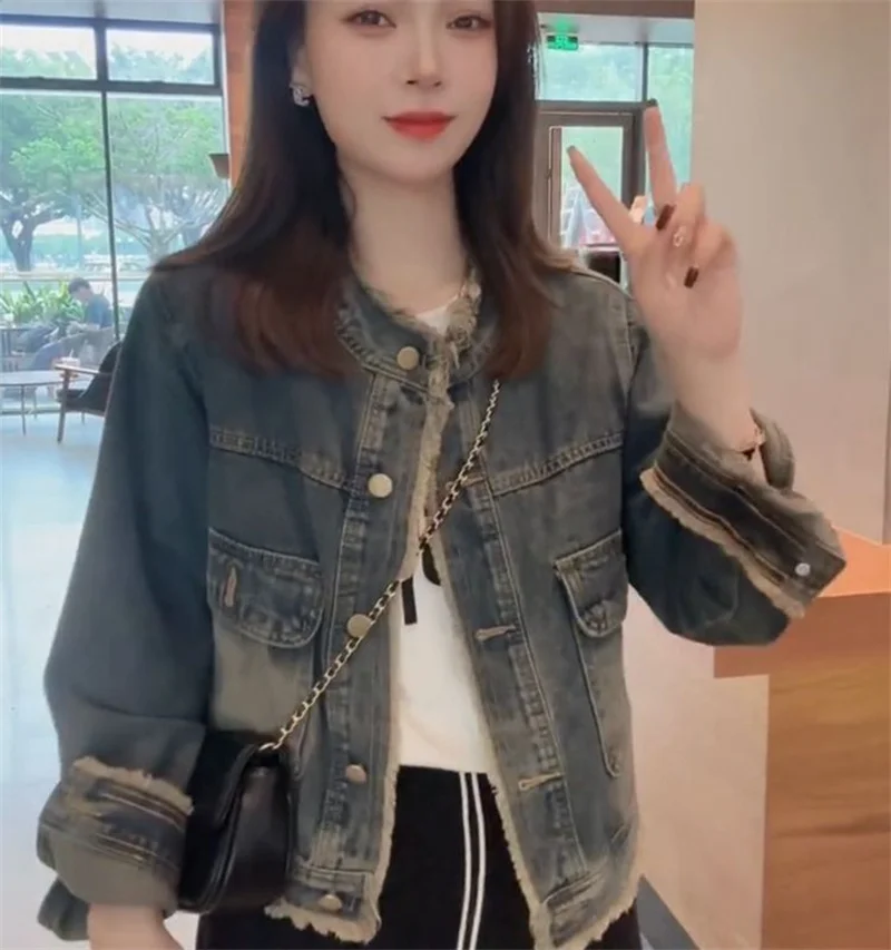 

Standing Collar Washed Spring and Autumn Cenim Jacket 2025 Retro New Design Loose Burr Slimming Jacket Top Women