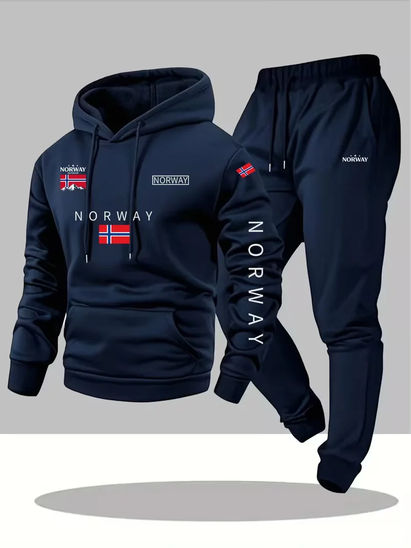 2026 Modisches Cartoon-Norwegisches Buchstaben-Kapuzenpullover- und Sporthosen-Set mit Kordelzug, Lockerer Schnitt, Herrenstil