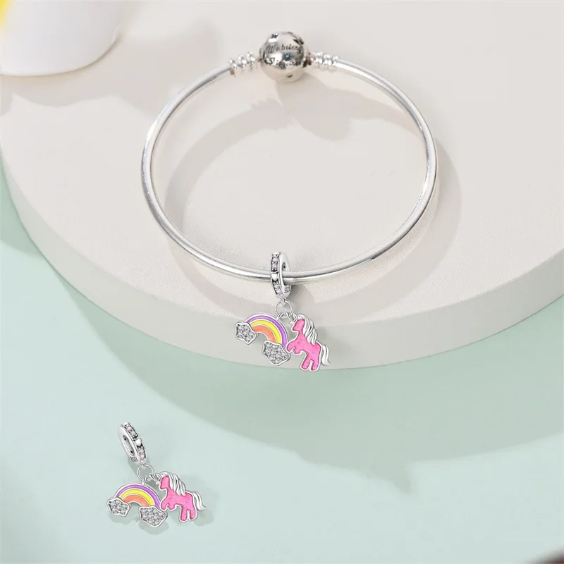 925 Sterling Silver Colorful Unicorn Two Piece Set Charms Pendant Fit Original Bracelet DIY Women Fashion Birthday Jewelry Gifts
