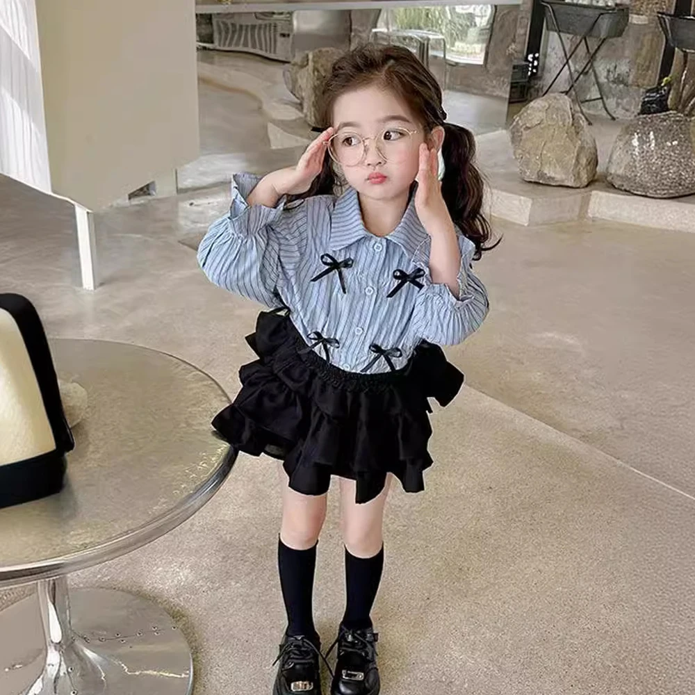 Girls\' Shirt half Skirt Set 2024 Summer New Children\'s Long Sleeve Bow Striped Shirts Black Elastic Waist A-line Cake Skirts