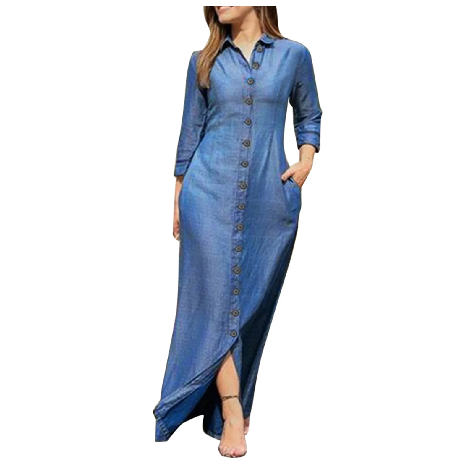 

Denim Dress Women Large Size Long Sleeve Lapel Maxi Shirt Dress simple Stylish Single Breasted Pockets Long Dress