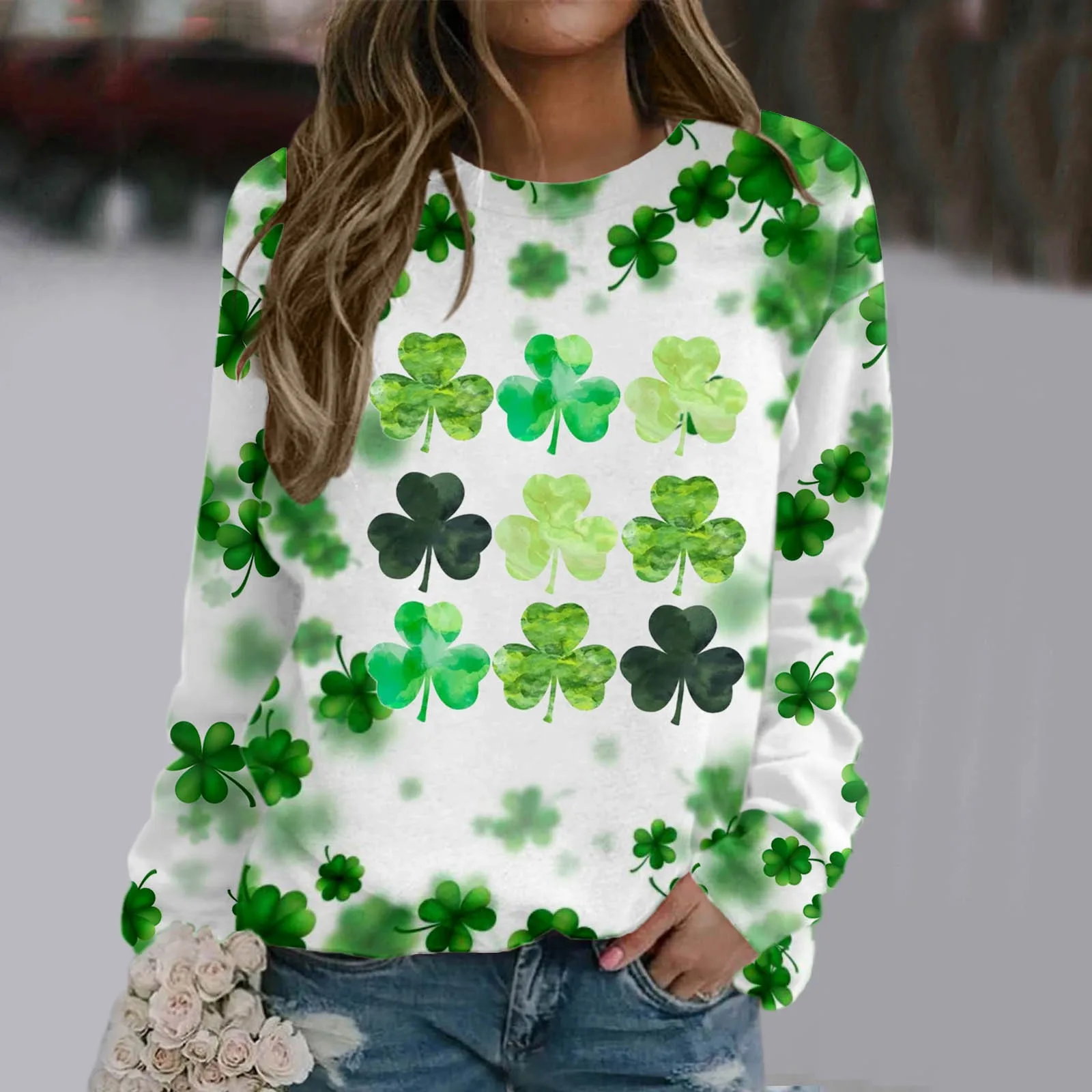 St Patricks Day Women Clover Print Hoodless Sweatshirt Girls Tee T Shirt Pullover Top Hoodie Hooded Hoody-Free Long Sleeve Oneck