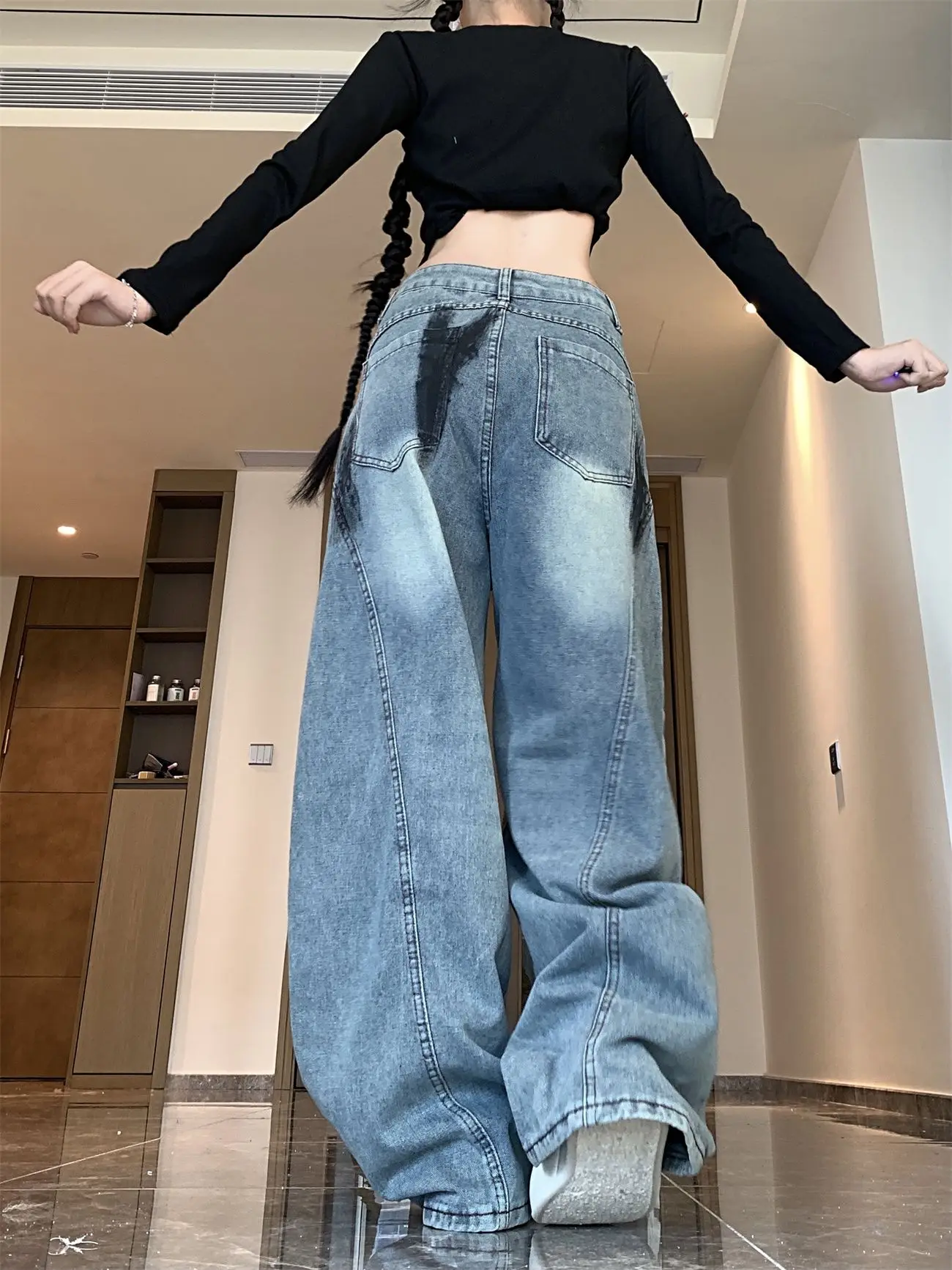 Damskie niebieskie podarte jeansy luźne casualowe lata 2000 Y2k amerykański styl uliczny gotyckie jesienne cienkie szerokie spodnie bloomersy modne jeansy