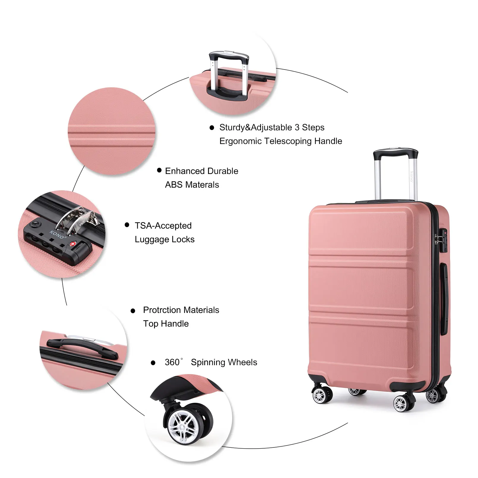 KONO 4 wheels 41L Lightweight & Robust ABS Medium Trolley Suitcase suitcase TSA Lock Twin wheels