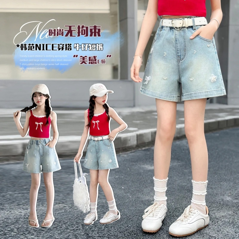 

Summer Girls Fashion Denim Shorts Kids White Bow Decoration Casual Above Knee Denim Shorts Big Girls Bleached Bow Hot Pants