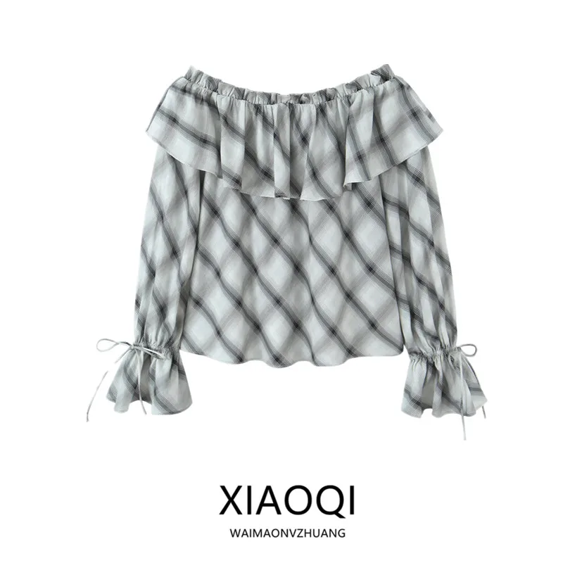 

Женская футболка в клетку большого размера с воротником-стойкой, весна 2026, длинная свековая длина, универсальная верхняя одежда в клетку...