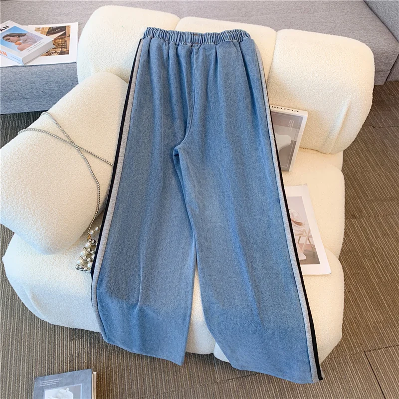 2024 New Spring Women Fashion Casual denim Striped Straight Leg Pants Loose Long Sleeves Zipper Stand Collar Jackets Outerwear