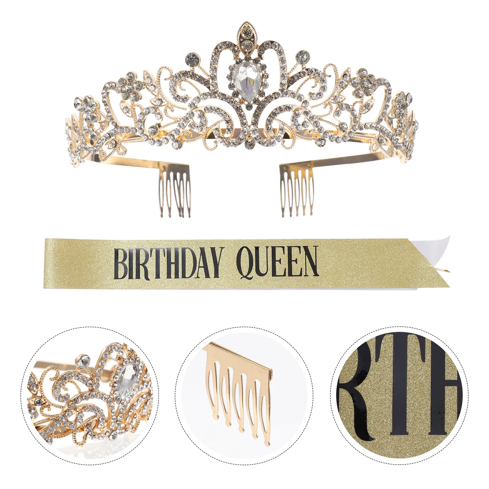 Rhinestone Party Sash and Crown Set for Women – Birthday Tiara Headband, Alloy Crown, One Size