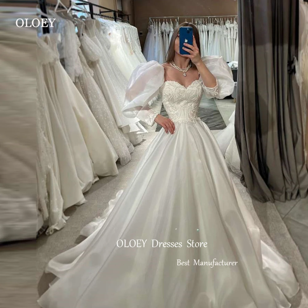 

OLOEY Luxury Princess Silk Organza Wedding Dresses Dubai Arabic Women Puff Long Sleeves Sweetheart Sweep Train Bridal Gowns