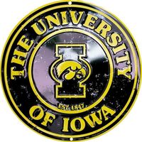 THE UNIVERSITY OF IOWA HAWKEYES EMBOSSED METAL NOVELTY ROUND SIGN