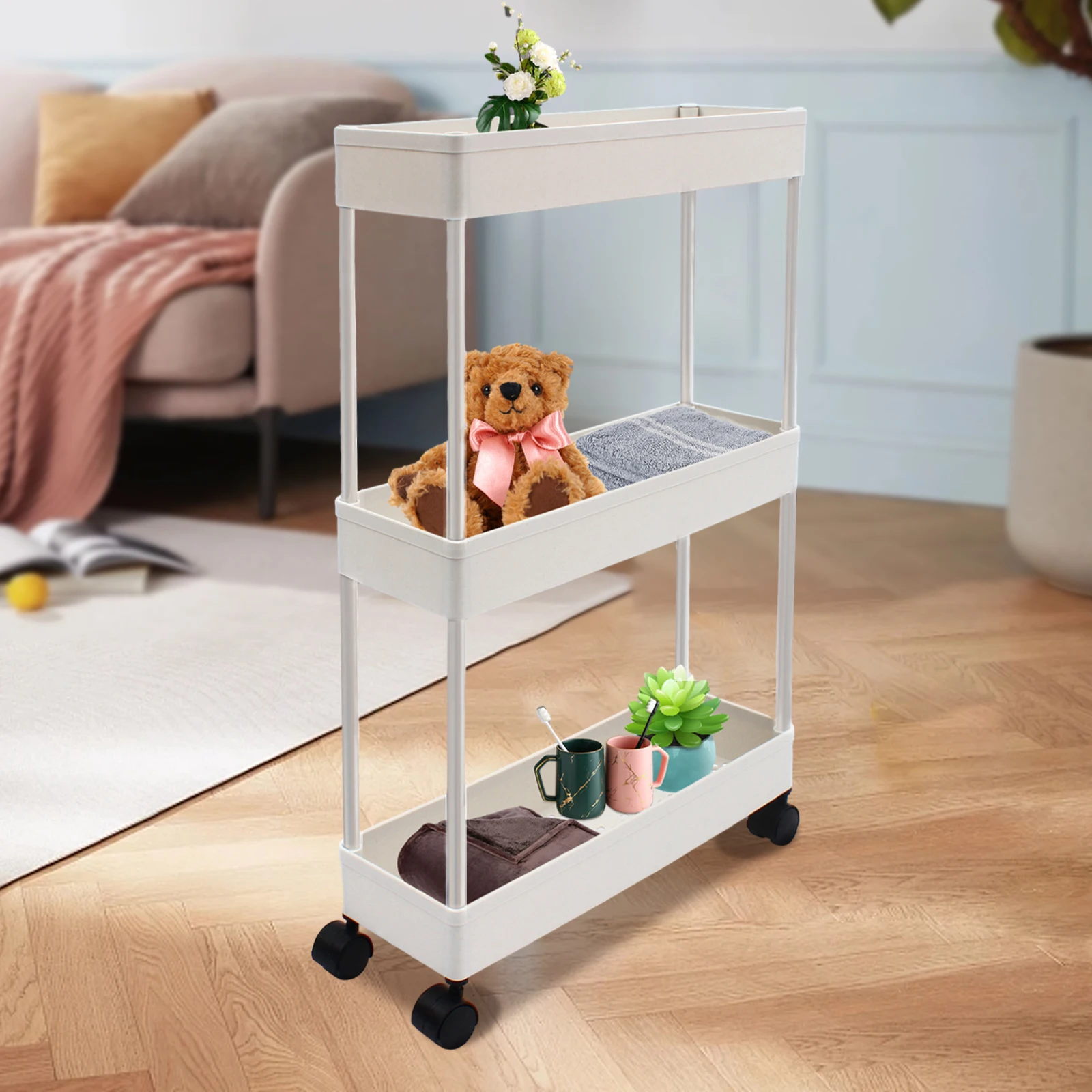 3 Tier Kitchen Trolley Narrow Shelf Serving Trolley Storage Trolley Multi-Purpose Trolley Furniture Trolley 38 x 12 x 62 cm