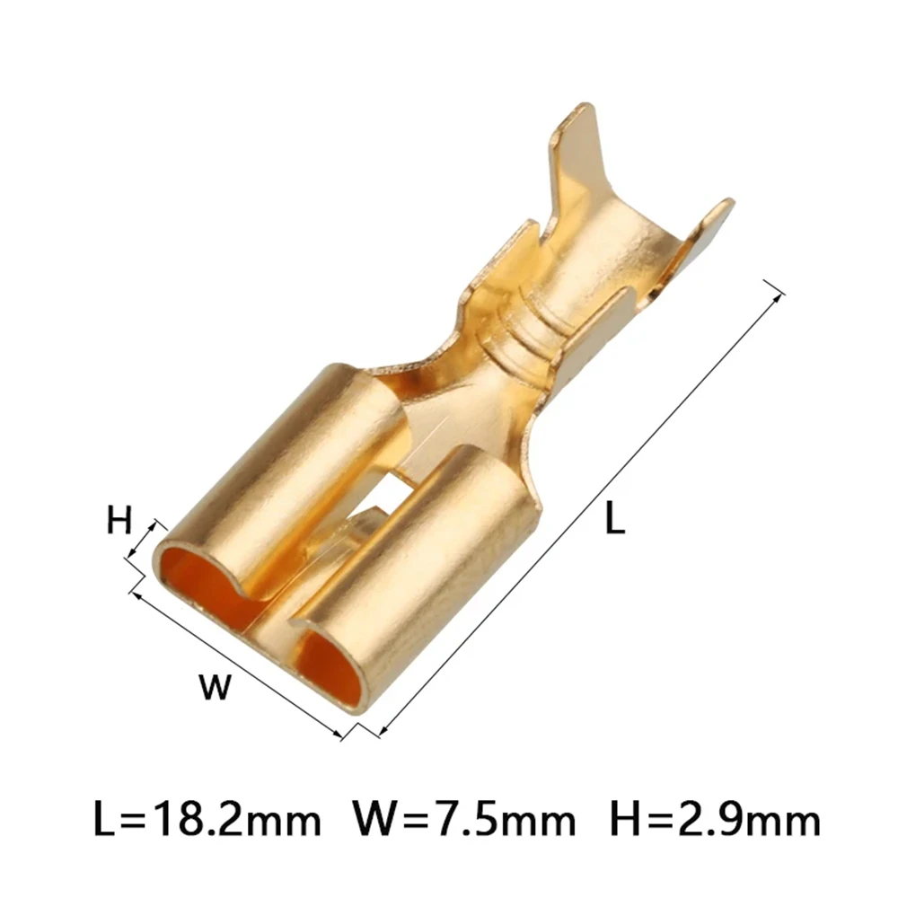 100Pcs Brass Gilded 6.3MM Female Spade Crimp Terminal Brass Wire Connector for Car Relay DJ623-E6.3B DJ623-E6.3C H62