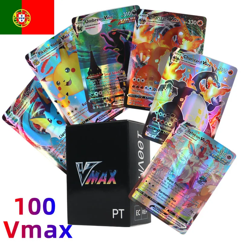 100Pcs Portuguese Pokemon Cards Holographic Vmax Letter with Rainbow Arceus Shiny Charizard trade card children toys