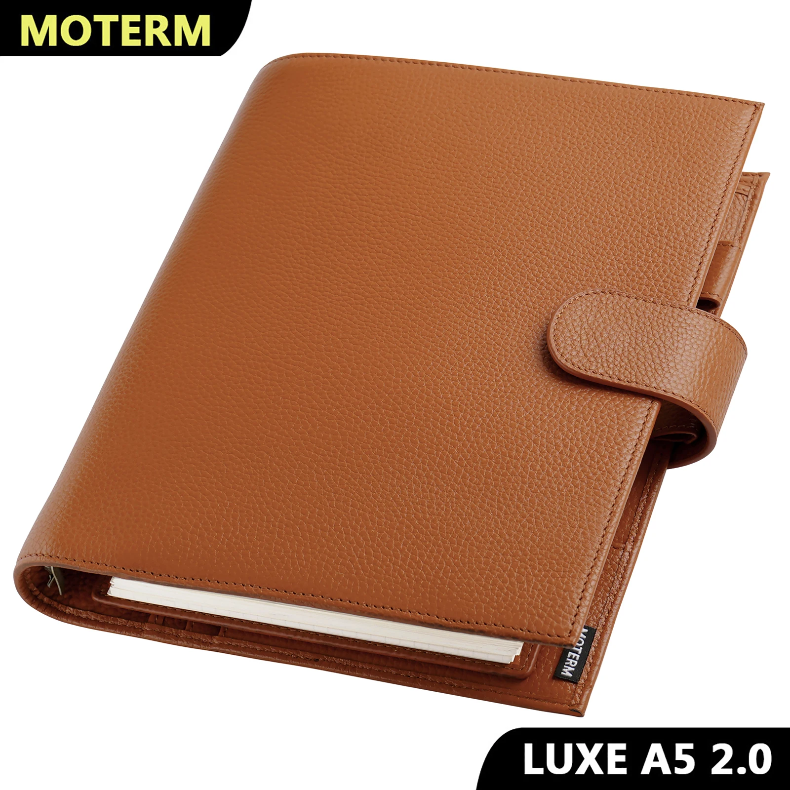 Moterm Luxe 2.0 Series A5 Size Planner Pebbled Grain Leather Notebook with 30MM Ring Agenda Organizer Notepad Journal Sketchbook