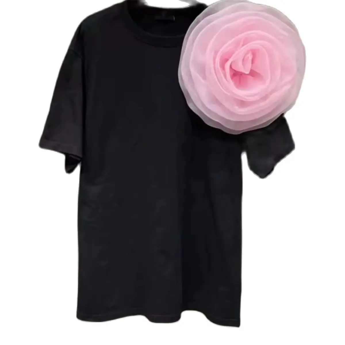 2024 Round Neck Short Sleeve Tshirt Three-Dimensional Big Flower Decorative Pin Loose T-shirt for Women Cotton Tops Tees