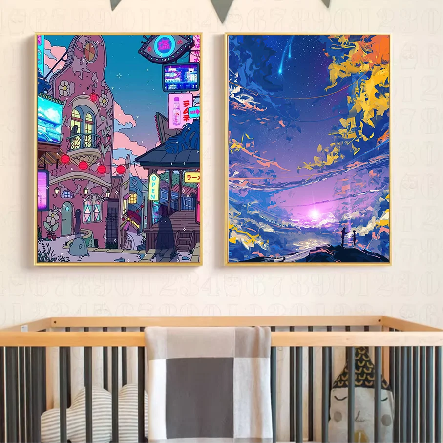 Frameless Canvas Print Anime City Night Starry Sky Wall Art Digital Painting Home Bedroom Background Picture