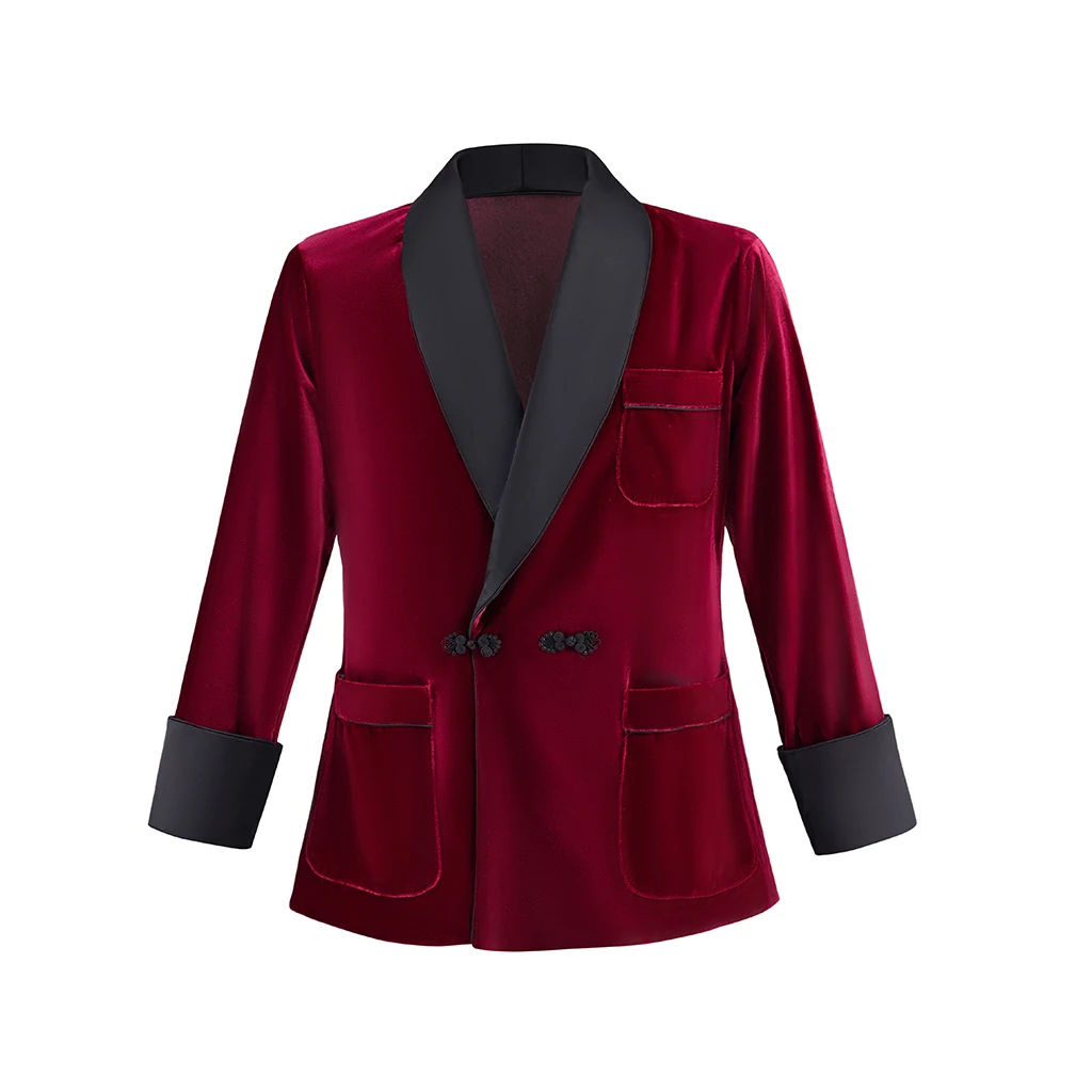 Hugh Hefner Cosplay Kostüm Samt Raucherjacke Vintage Herren Klassischer Froschverschluss Hochzeit Party Abendessen Blazer Smoking Mantel