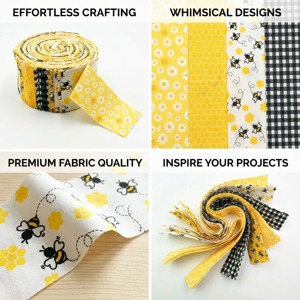 40 Rouleaux de Tissu à Motifs Abeilles; Bandes de Tissu Enroulées pour Quilting, Couture, DIY, Bordures de Quilt, 6,5 x 50 cm