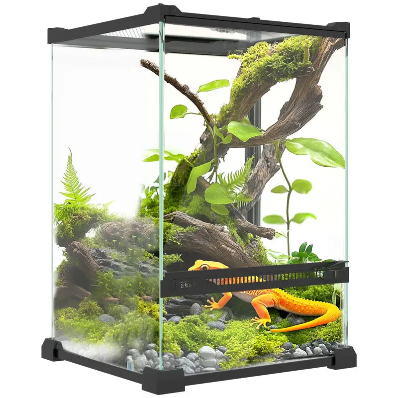 Terrarium en verre pour reptiles, vivarium 12 L avec treillis métallique recouvert, 20 x 20 x 30 cm, noir