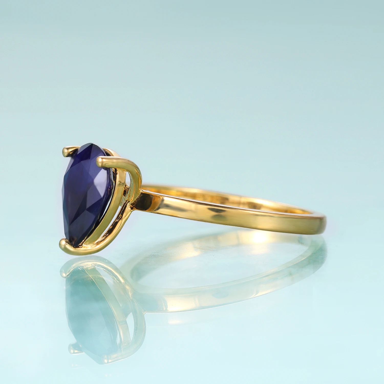 GEM\'S BALLET Pear Shape Blue Sapphire Solitaire Engagement Ring Women Yellow Gold Ring in 925 Sterling Silver Gift For Her