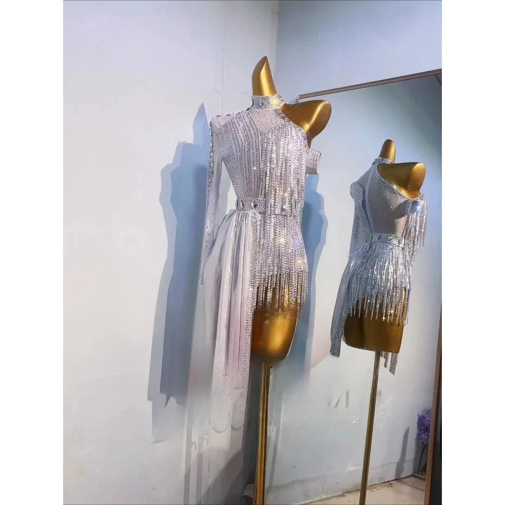 

High-End Custom Silver White Latin Dance Dress Half Sleeve Skirt Rumba Adult Stage Professional Clothing Race Suit