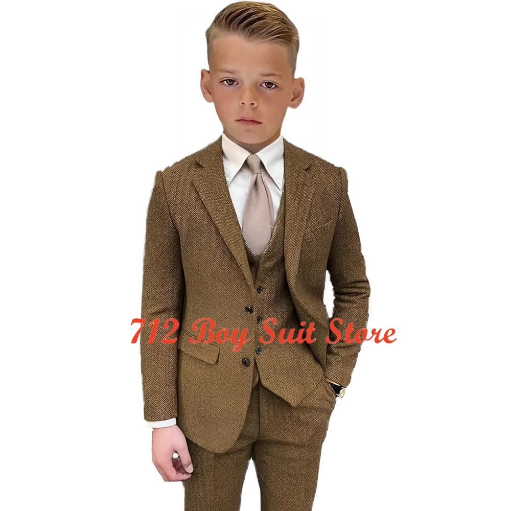 

Boys Herringbone Suit 3 Pieces Tweed Slim Fit Jacket Vest Pants Set Wedding Party Formal Kids Tuxedo Outfit