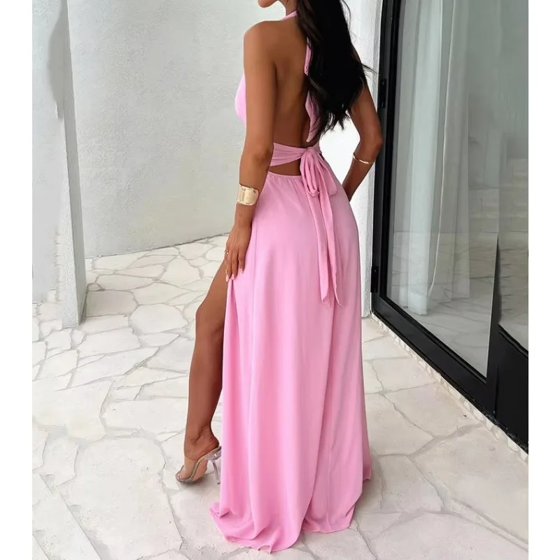 Deep V Neck High Split Maxi Dress For Women Fashion Sleeveless Backless Bodycon Club Party Sexy Long Dress New