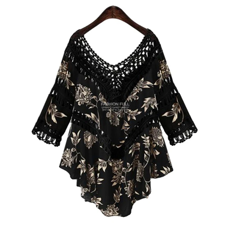 Plus Size Floral Beach Dress Bohemian Style Sexy Hollow Out Knitted Dress