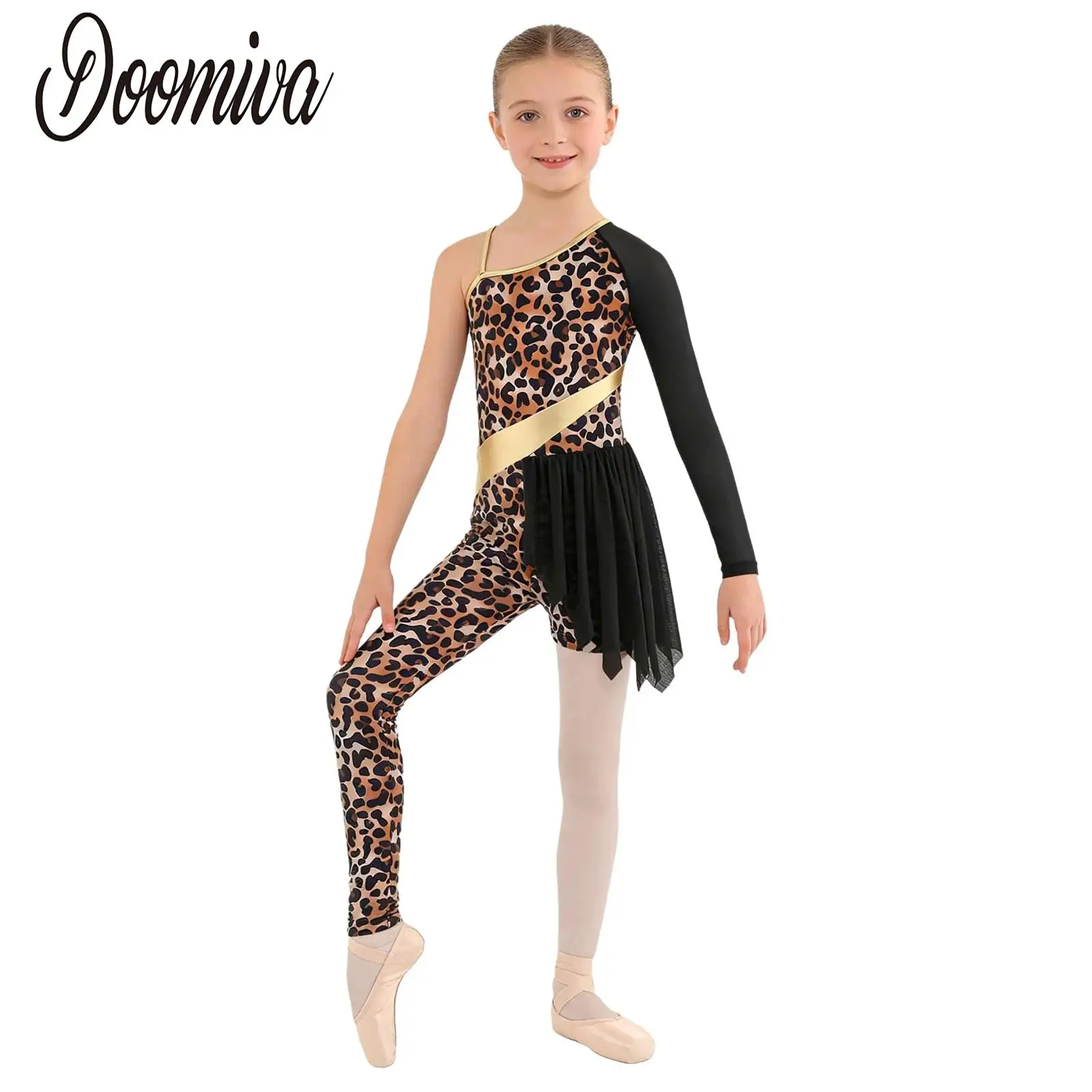 Kids Girls Cave Costume Ballet Dance Gymnastics Leotards Asymmetrical Leopard Print Gym Jumpsuit Halloween Performance Clothes