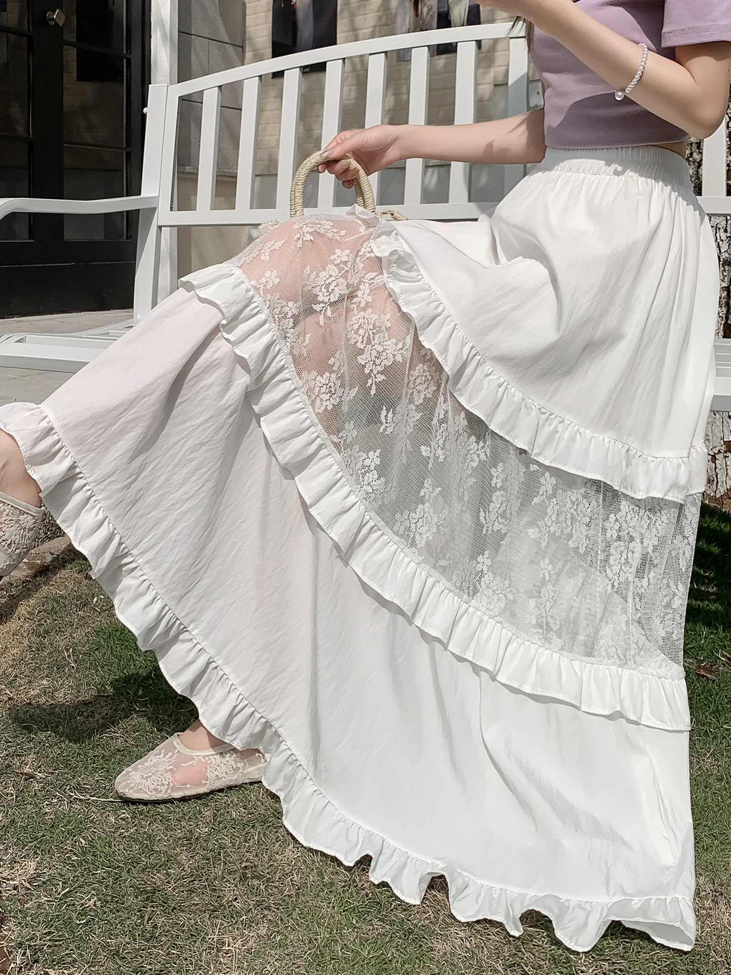

Romantic Lace Patchwork A-Line f Skirt Women's Spring Summer New Fairy Unique Cake Skirt High Waist Casual Other Material