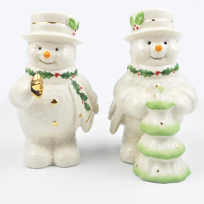 Happy Winter Lenox Snowman with Christmas Tree & Star Ceramic Figurine Home Ornament Salt and Pepper Seasoning Decorative Bottle