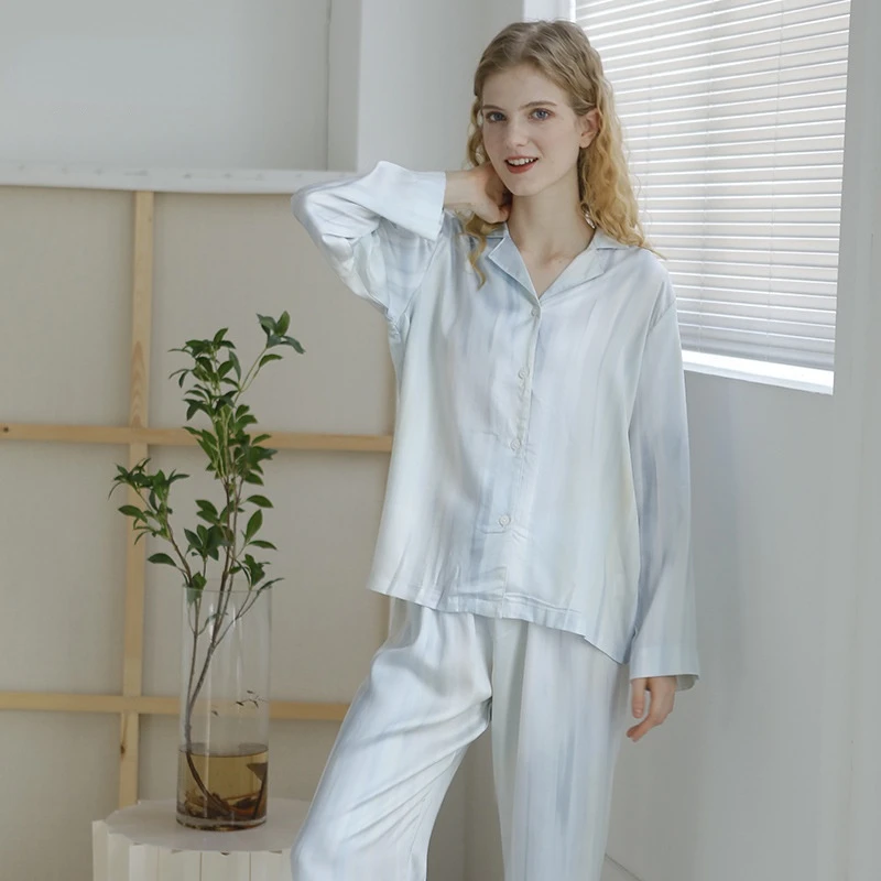 2022 Autumn New Lapel Women\'s Pajamas Set Viscose Printed Long Sleeve Long-sleeved Trouser Suit 2 Piece Sleepwear Home Clothes