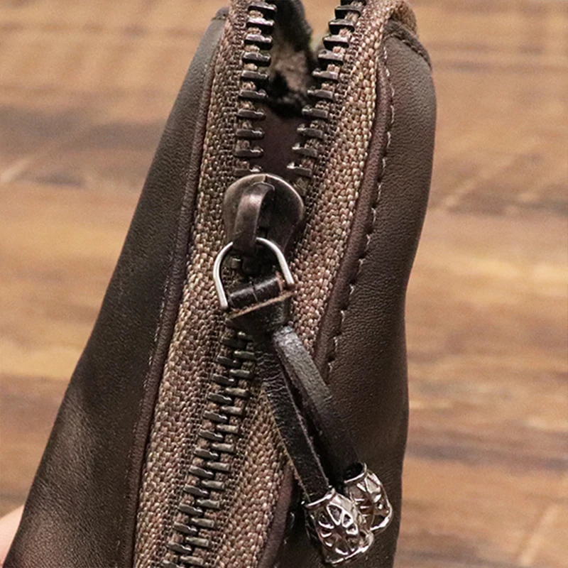 Genuine Leather Key Wallet for Men Short Vintage Handmade Zipper Car Key Holder Coin Purse Card Case Bag Organizer Housekeeper