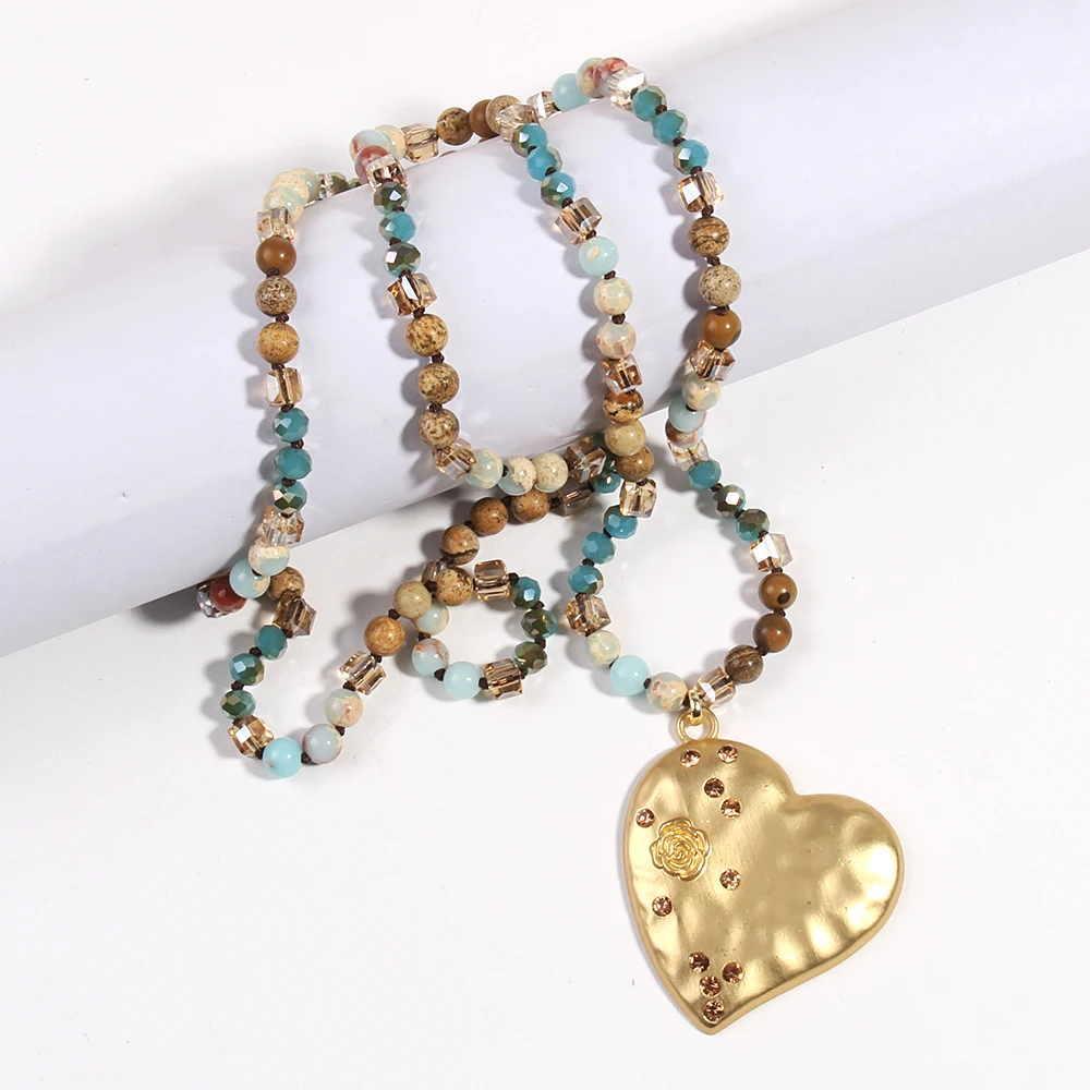 Fashion Bohemian Jewelry Accessory 6mm Multi Natural Stones Crystal Glass Knotted Metal Heart Pendant Necklaces For Women Gift