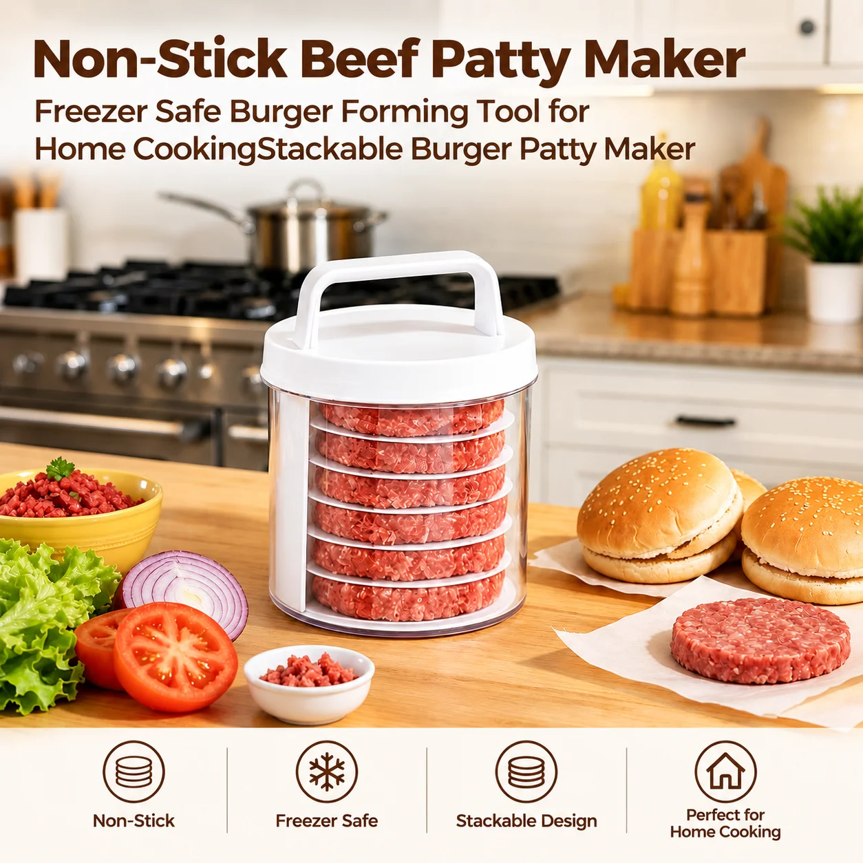 Perfect Burger Press Set Press Store Up to 5/7 Burgers Non-Skid Base Non-Stick Coating Dimple Insert Creates Faster Even Cooking